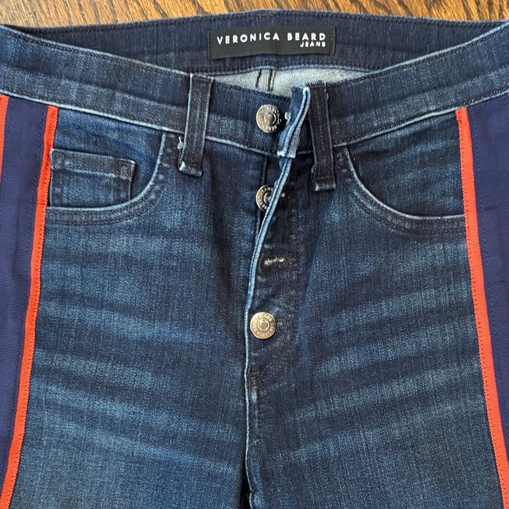 Veronica Beard Denim with stripe detail. Navy& orange racer stripe, fray detail